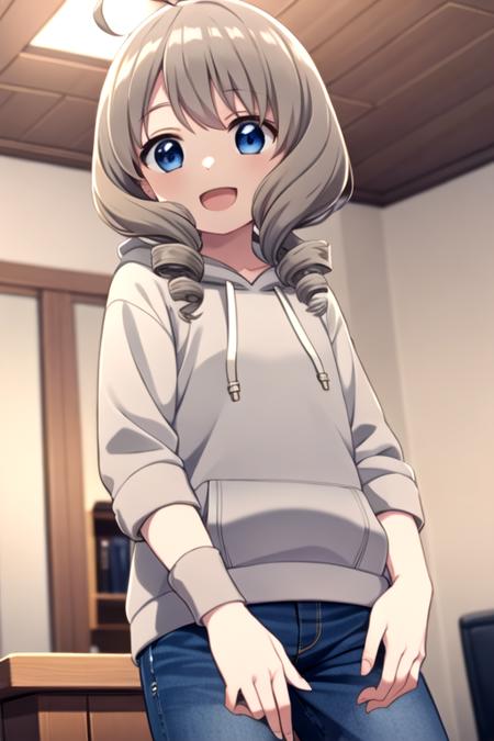 <lora:akiho_scc:0.7> masterpiece, best quality, 1girl, solo, blue eyes, grey hair, ahoge, indoors, drill hair, twin drills, white shirt, black hoodie, open hoodie, jeans, indoors, smile, open mouth, hood down,