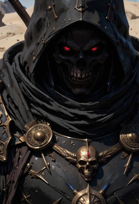 A hyper-detailed super close-up of a shadowy gunslinger's face and chest in a windswept desert storm — only the lower part of the weathered wide-brimmed hat is visible, casting deep shadows over their face. Their piercing, predatory eyes glint faintly beneath the hood, partially veiled by layers of windblown fabric. Grains of sand strike the worn texture of the tattered, rune-lined coat, caught mid-motion as they whip across the glowing golden embroidery on the high collar beneath. The intricate symbols pulse dimly, like ancient circuitry. Strapped across the chest, enchanted bullets glow in blue and crimson hues, the light flickering as the storm thickens. Just visible in the lower frame, the smoking barrel of an ornate revolver rises into view, engraved with serpents and flame motifs, its metal catching the reddish ambient light. The atmosphere is dry, electric, and tense — the viewer is drawn into the silent intensity of the gunslinger’s breath, the whisper of death in a world gone to dust. c1nna_sh4de , mythp0rt, cinna flow, hkstyle