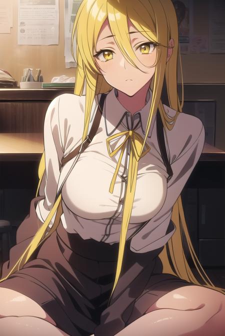 shizukamarikawa, <lora:shizukamarikawatest:1>,
shizuka marikawa, long hair, blonde hair, very long hair, low-tied long hair, (yellow eyes:1.5), hair between eyes,
BREAK skirt, shirt, long sleeves, ribbon, white shirt,
BREAK looking at viewer,
BREAK indoors, classroom,
BREAK <lora:GoodHands-vanilla:1>, (masterpiece:1.2), best quality, high resolution, unity 8k wallpaper, (illustration:0.8), (beautiful detailed eyes:1.6), extremely detailed face, perfect lighting, extremely detailed CG, (perfect hands, perfect anatomy),