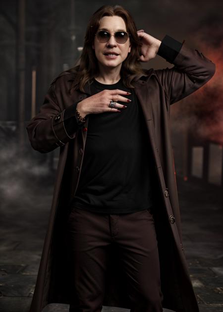 ozzy, brown hair, shirt, long sleeves, jewelry, male focus, realistic, Wrapped in red fog, ozzy, looking at viewer, smile, open mouth, glasses, pants, nail polish, coat, black pants, sunglasses, ring, black nails, watch, wristwatch, multiple rings, grey coat, photorealistic 