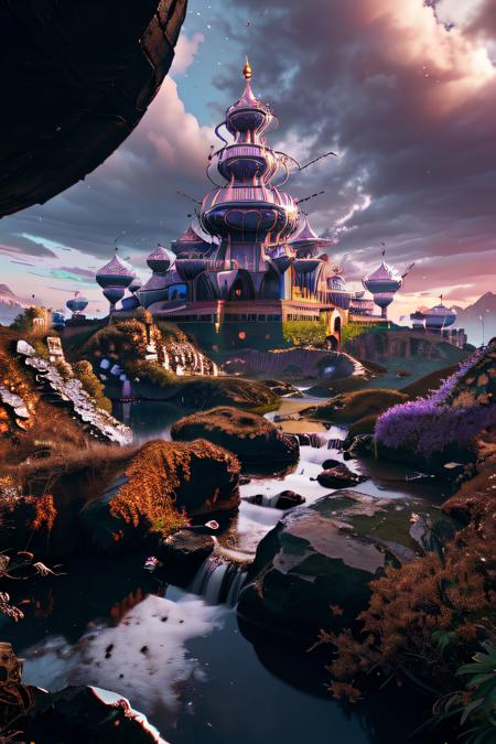 cinematic photo,  <lora:quiron_LegendaryLandscapes_v1_Lora:0.87>, landscapesquiron,  LegLandscapesQuiron, legendary landscapes by quiron,  surreal, particles, chromatic aberration, impressive, stunning,  . 35mm photograph, 4k, 8k, HDR, UHD, best quality, Raw Photo, film, professional, 4k, highly detailed, glowing,  shiny,  scenery, landscape, nature,  fantasy, kingdom, palace, intricate artwork masterpiece, purple
