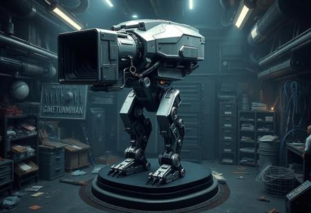 A highly detailed,A colossal metallic robot, massive camera head, compact body, intricate components, standing on a black pedestal. Cluttered workspace interior, scattered tools. Imposing presence, mysterious atmosphere, cinematic lighting, volumetric shadows. Concept art, trending on ArtstationHQ, CGSociety, Octane render, Unreal Engine 5, matte painting, splash ink effects, isometric view, golden ratio. Highly detailed, sharp focus, stunning harmonious colors, dynamic pose implied.