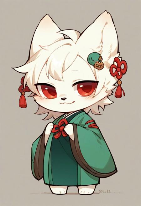 score_9, score_8_up, score_7_up,
yi,white fur, animal ears, furry, furry male, red eyes, body fur,(hair:1.3),white hair,hairpin,
girl,solo,
submissive smile,chibi,half-closed eyes,
green kimono,standing,