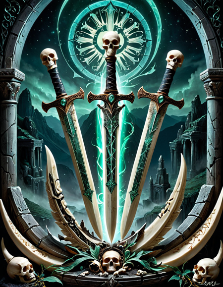 Two paired bone blades forged from dark, curved skeletal remains, radiating a sinister death aura. The blades are inscribed with ancient runes and cracked surfaces glowing with ghostly light in pale green and violet-blue tones â a signature of necromantic magic. The hilts are wrapped in black leather and adorned with tiny skulls, while a dark mist flows between the blades, as if they share one soul. The weapons float in midair or appear to be just about to be grasped by an unseen necromancer.
The artwork is in a highly detailed fantasy realism style, with strong focus on material textures â bone grain, rune engravings, and shimmering cracks of magical energy. The mood is ominous, mysterious, filled with forbidden power. Lighting comes from below, with soft backlight emphasizing the magical glow of the blades.
The composition centers on the twin weapons, camera positioned at a mid-range frontal angle with a slight upward tilt. In the background: a twilight fantasy landscape, perhaps a ruined necropolis or an enchanted valley of shadows, with drifting spectral mists and distant silhouettes of gothic spires. Background is blurred but richly atmospheric.
Additional effects: floating magical particles circling the blades, faint air distortions from dark energy, a mix of glossy highlights and moody grunge textures. An ancient artifact aura can be added â a faint inner glow or light pulse deep within the bone core. <lora:Ebony_and_Ivory_Scrimshaw_style_-_SDXL:1>