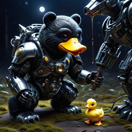 "The Silent Uprising" – The moon bear, its muzzle wired shut, swings a broken metal pipe at the robot overlord, while the duck—now a cyborg puppet—pecks at the bear’s wounded flank.
score_9, score_8_up, score_8_up, masterpiece,super detailed face, super high resolution, FaceDetail, masterpiece-level, highly detailed, intricate details, detailed background, complex background, cinematic, intricately detailed illustration, depth of field, masterpiece, best quality, amazing quality, very aesthetic, absurdres, newest, very awa, shadow, dynamic angle,