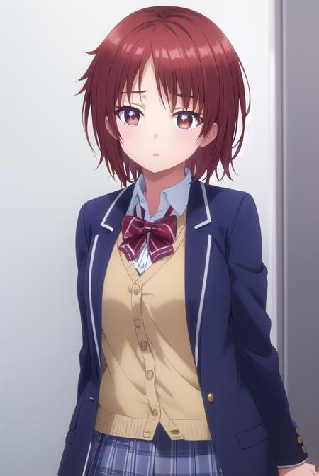 chitoseshirakawa, <lora:chitose shirakawa s1-lora-nochekaiser:1>,
chitose shirakawa, short hair, (brown eyes:1.5), red hair,
BREAK skirt, bow, school uniform, jacket, pleated skirt, plaid, plaid skirt, blazer, cardigan,
BREAK indoors, classroom,
BREAK looking at viewer, (cowboy shot:1.5),
BREAK <lyco:GoodHands-beta2:1>, (masterpiece:1.2), best quality, high resolution, unity 8k wallpaper, (illustration:0.8), (beautiful detailed eyes:1.6), extremely detailed face, perfect lighting, extremely detailed CG, (perfect hands, perfect anatomy),