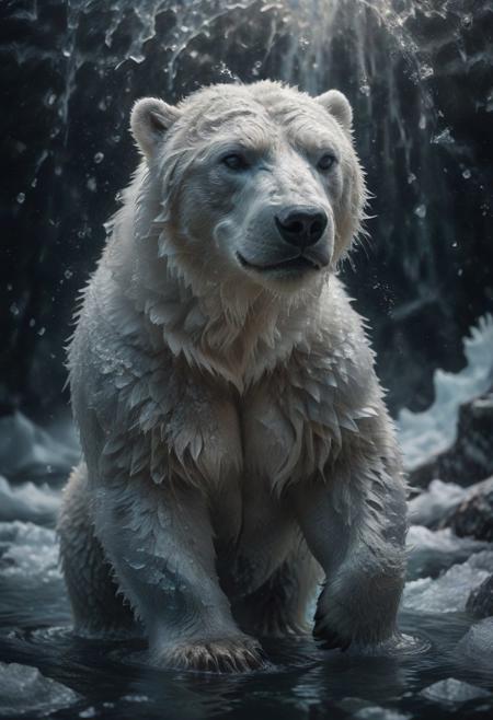 A majestic polar bear, its fur adorned with glistening ice crystals, swims through the frigid Arctic waters, its powerful limbs propelling it through the icy depths.