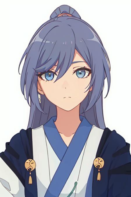 long sleeves, wide sleeves,fu hua,hair between eyes,ponytail,ornament,hair ornament,Grey hair,Chinese clothes,taoist robes, boots, long hair, blue eyes