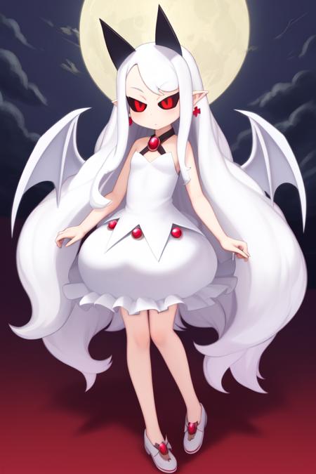 masterpiece, best_quality, 1girl, solo, long hair, bangs, red eyes, white hair, pointy ears, black sclera, horns, white dress, wings, full body, moon<lora:pram_v1:0.8>