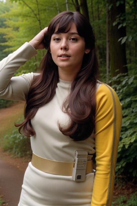 young woman with long hair in s1999unf uniform,yellow left sleeve,in a forest<lora:S1999_V2flex-000004:0.8>