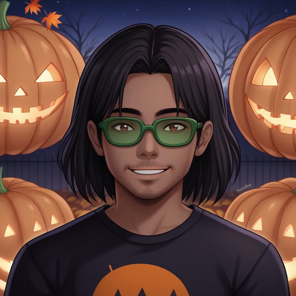 solo,outdoors,posing,portrait,looking at viewer,smile, 1man,black hair,((medium hair)), brown eyes, green sunglasses, ((tanned skin)), beard stubble,(purple t-shirt),halloween, pumpkins, night, darkness, gothic, autumn leaves