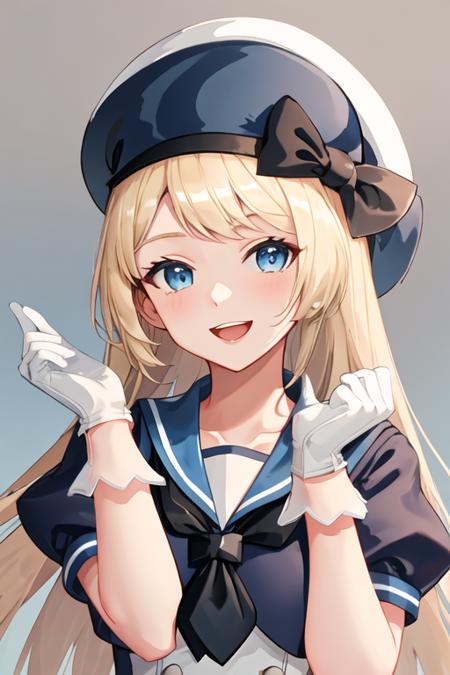 best quality, masterpiece, highres, solo, {jervis_kantaicollection:1.15}, blonde_hair, long_hair, blue_eyes, hat, white_headwear, sailor_hat, smile, open_mouth, 1girl, blue_sailor_collar, dress, gloves, sailor_collar, sailor_dress, short_sleeves, upper_body, white_dress, white_gloves, looking_at_viewer