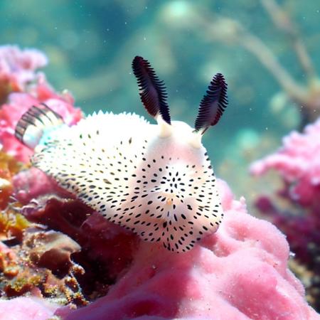 underwater, an adorable pink jorunna sitting on a rose <lora:seabnuuy-000160:0.8>