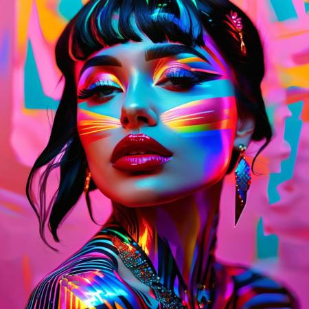 Cibher-Cleopatra. MonicaAriana's breathtaking illustration of a captivating egiptian woman adorned with an intricate, glowing neon rainbow tattoo. The tattoo consists of shimmering, thin intrincate glowing hieroglyph pattern that cover her entire body, creating a mesmerizing, otherworldly effect. The level of detail is exceptional, capturing the texture of the skin and the precise lines of the stripes. The overall ambiance of the piece is reminiscent of a detailed painting or graffiti, bringing the figure to life and showcasing the artist's extraordinary skill. MonicaAriana's name is prominently displayed at the base, 3d render, painting, illustration, vibrant
