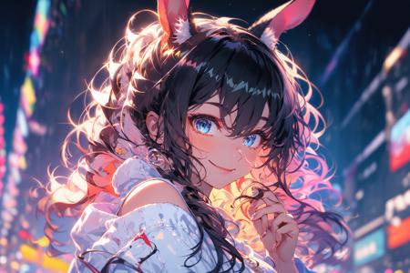 (masterpiece:1.2), best quality,PIXIV,Colorful portraits, 
1girl, animal ears, amiya (arknights), solo, rabbit ears, blue eyes, long hair, brown hair, smile, night, shirt, hair between eyes, bare shoulders, bangs, upper body, white shirt, animal ear fluff, outdoors, sky, night sky, sidelocks, ponytail, lantern, closed mouth, off shoulder, off-shoulder shirt, looking at viewer, frills
<lora:Colorful portraits_20230715165729-000018:1>