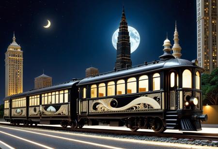 vibrant colors, shiny_skin, prefect lighting, detailed image, snoozing, masterpiece, best quality, highly detailed, ultra quality, 3DMM, made out of, ebony, ivory, scrimshaw, bone carving, 
(train), 
On the road, outdoors, neon lights, glowing, city, skyscraper, building, sciencefiction, electricity, night, moon, moonlight,
