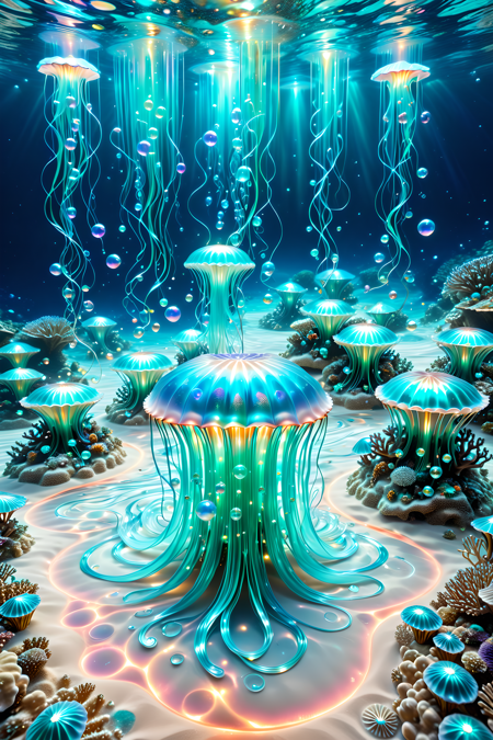 A surreal underwater realm where coral castles drip with glowing pearlescent syrup,jellyfish float like silk lanterns above a pearly sand floor,and luminous mermaids paint ocean currents with swirling trails of light and flowing pigments,magical realism,photoreal style,intricate lighting made of l1qu1dp34rl,pearlescent,flowing through bioluminescent coral reefs,iridescent bubbles rising in turquoise water,hyper-realistic translucency,pearlescent,
Masterpiece,best quality,hi res,8k,hi res,8k,award winning,(sharp focus, intricate, highly detailed),<lora:SDXLFaeTastic2400:0.4>,<lora:liquidpearlXL_r1:1>,<lora:TrendCraft_The_Peoples_Style_Detailer-v2.1A-3_12_2025-SDXL:0.8>