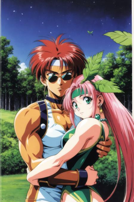 nekki basara, mylene jenius, guvava, 1girl, 1boy, hug from behind, long hair, looking at viewer, brown hair, hair ornament, brown eyes, jewelry, green eyes, pink hair, earrings, outdoors, glasses, choker, hug, muscular, night, headband, leaf, sunglasses, round eyewear, retro artstyle, leaf on head, 1990s \(style\)