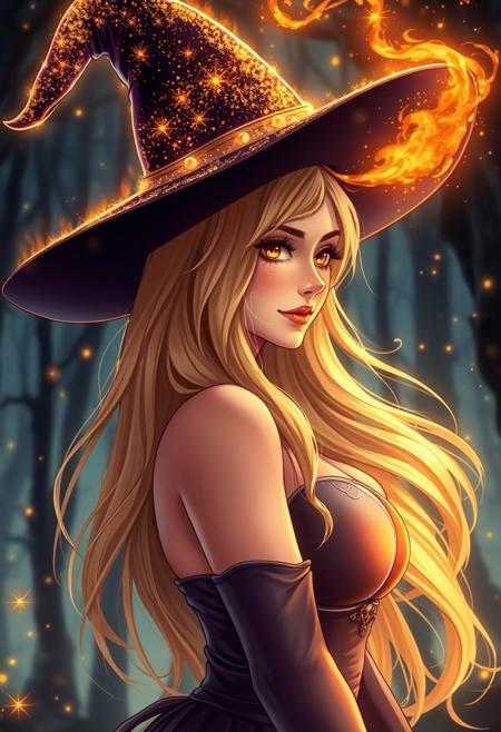 (((side view)))
a beautiful woman with long blonde hair and big natural breasts wearing a witch hat made of gold and fire, glowing light particles and sparkles in the style of glitter and diamond dust, hyper-realistic fire, fairycore, magic, masterpiece, best quality, highly detailed, sharp focus, dynamic lighting
(((full-clothed))),
BREAK 
(fantasy forest background:1.9) score_9, score_8_up, score_7_up, score_6_up, source_cartoon, rating_explicit, Expressiveh, (((((full body))))), dynamic pose
<lora:DandonFuga_Style_v.2_-_Pony:0.8>