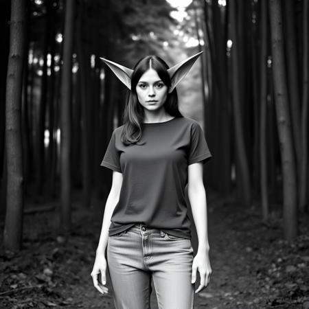 cinematic film still in black and white of a woman with hyper ears wearing a t-shirt and jeans and standing in the middle of a forest