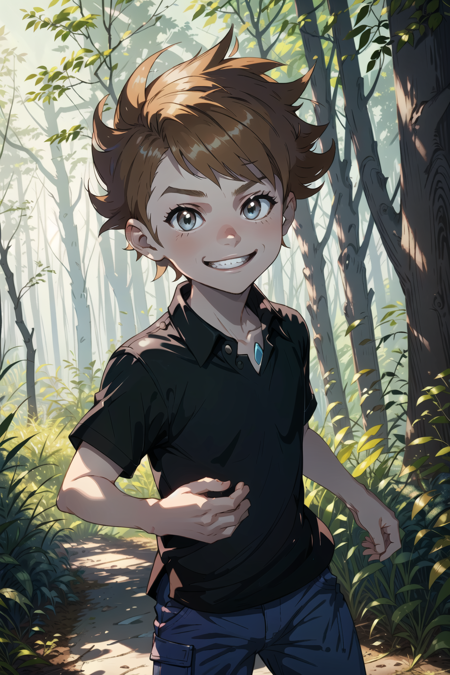 masterpiece, best quality, <lora:BlueLora:0.7>, blue \(pokemon\), (AS-Younger:1.3), smile, black shirt, blue pants, teeth, town, forest, smug, smirk