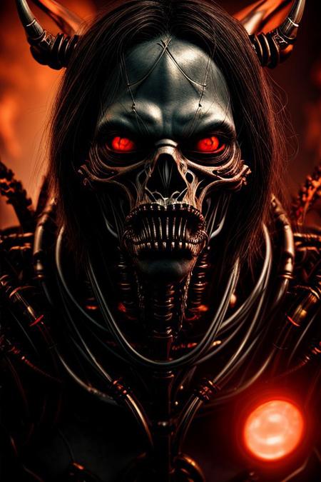 Demon, biomechanical, detailed, portrait, dramatic, cinematic, data mosh, glow,