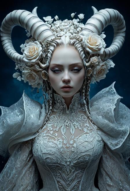 The image is a highly detailed, surreal CGI artwork depicting a statuesque woman with an ethereal, otherworldly appearance. The subject stands against a gradient background transitioning from deep blue to a darker, almost black hue, which enhances the dramatic and mystical atmosphere. 
She is adorned in an ornate, intricate white dress made of a fabric that resembles a combination of lace and intricate, sculpted elements. The dress is high-necked and features a high, plunging neckline, with elaborate, swirling patterns and textures that evoke the appearance of flowers or foliage. The dress is adorned with white, almost crystalline roses that are meticulously detailed, adding to the ethereal, almost fantasy-like quality of the scene.
Her face is striking, with a serious, almost imperious expression. Her skin has a pale, almost translucent quality, blending subtly with the overall white theme. Her hair is styled in a towering, elaborate arrangement that appears to be made of large, curved, shell-like structures, giving the impression of a fantastical, mythical creature. The horns are intricately detailed, resembling large, twisted, spiraled shells or horns, which add to the surreal, fantastical atmosphere of the image.