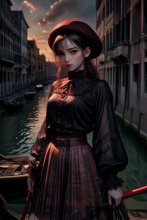 (masterpiece:1.2), (best quality,:1.2), 8k, HDR, ultra detailed, ((photorealistic)), cinematic lighting, three-quarter-shot, high depth-of-field, sharp focus,
1girl, black hair, standing on gondola,
red skirt, red blouse, small red beret,
slim face, perfect face, perfect hands, eye contact, realistic face, realistic eyes,
detailed background venice at sunset,