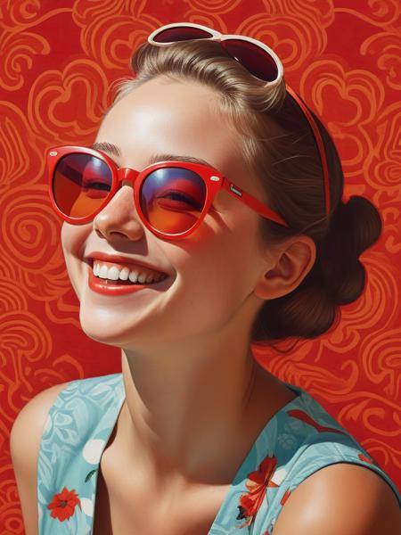 <lora:04Vintageillustration_Hap_XL:3.3>,Norman Rockwell style,vintage poster, Smiling young woman, summer fun, red sunglasses, half profile, laughing, psychedelic red pattern background, style of miro, trending on artstation, sharp focus, studio photo, intricate details, highly detailed, by greg rutkowski,