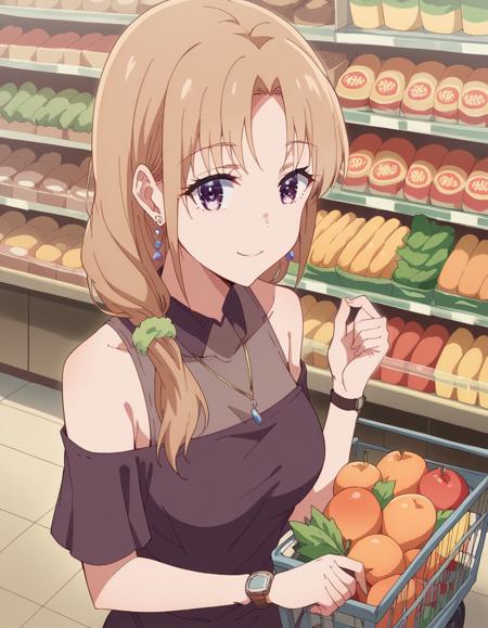 akiko ayase, long hair, blonde hair, brown hair, purple eyes, scrunchie, hair over shoulder, medium breasts, shirt, bare shoulders, jewelry, earrings, necklace, off shoulder, watch, wristwatch