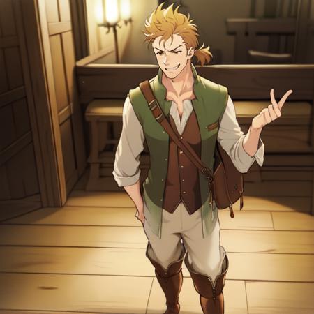 solo, masterpiece, <lora:Alfynchara-08:1> alfyn, man, 1boy, green sleeveless jacket, ponytail, messy hair, white sleeves, vest, winking, boots, leather boots, brown eyes, white pants, dirty blond hair, standing, shoulder bag, satchel,