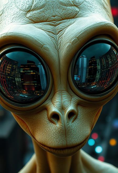 . Alien with Reflective Eyes
- **Prompt**: "A close-up of an alien with large, expressive eyes reflecting a bustling, futuristic cityscape. The alien's features are whimsical and fantastical, blending the epic scope of George Lucas's worlds with Tim Burton's unique style."
- **Refinement**: "Add more detail to the cityscape reflections, including flying cars, tall skyscrapers, and colorful lights to enhance the surreal, otherworldly atmosphere."