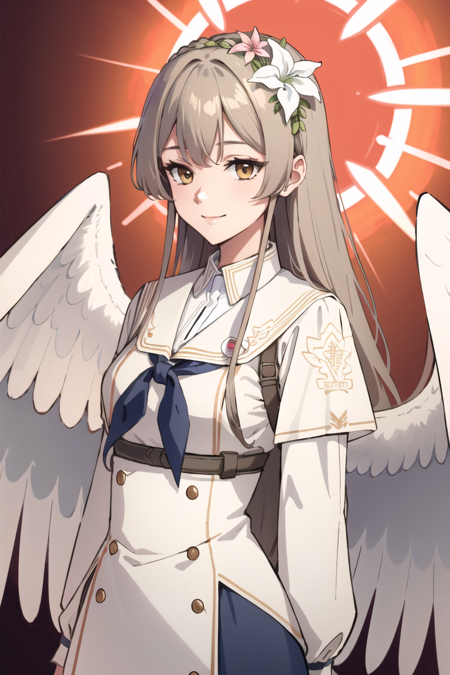 <lora:Kirifuji Nagisa-000010:0.8>, (masterpiece, best quality:1), 1girl, solo, kirifuji nagisa, long hair, smile, bangs, hair ornament, long sleeves, closed mouth, wings, hair flower, neckerchief, halo