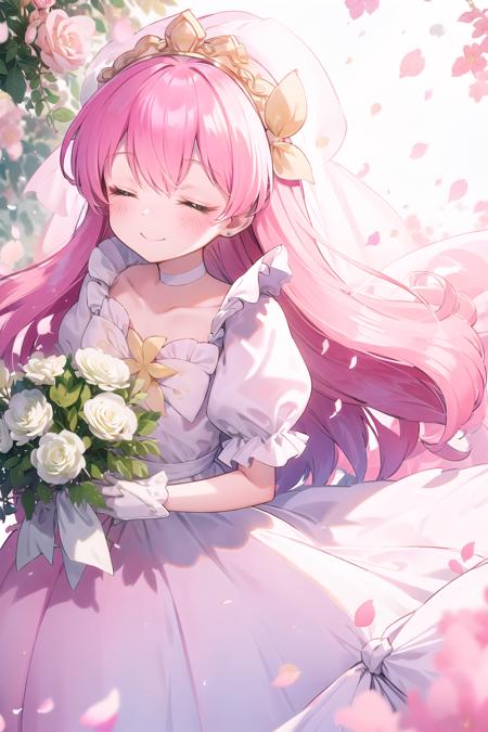 best quality, ultra-detailed, (1girl, solo, <lora:hanasaki-momoko_wedding-dress-form-v1:1>, hanasakimomoko-wd, pink hair, white wedding dress, puffy short sleeves, holding a bouquet, smile, close eyes), in  forest