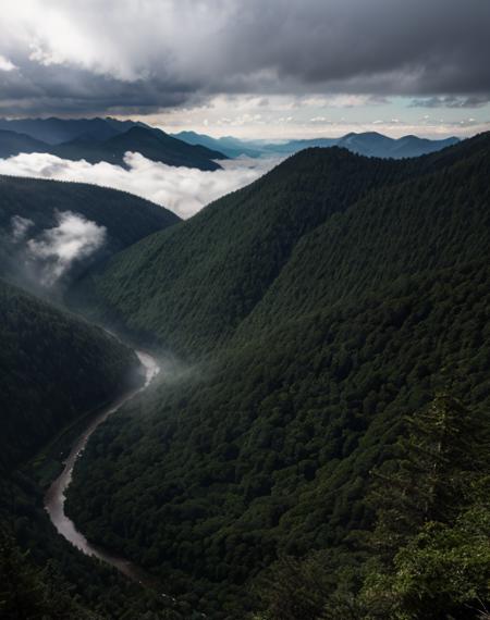 dense forest, mountains above clouds, rain, view from high height,, 18 mm lens, f/2, sharp focus, great image detail, cinematic lighting, ray tracing, ssao, HDR,