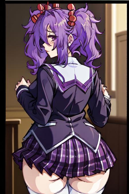 genericacrushcrush, 1girl, solo, twintails, hair ornament, thighhighs, white thighhighs, sleeves past wrists, 1girl, school uniform, hair over one eye, purple hair,