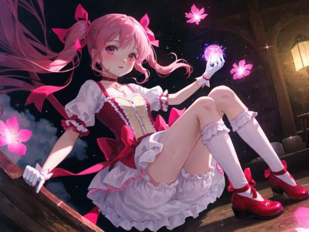 (masterpiece, best quality, ultra detailed,illustration,CG ,  hdr:1.2),
1girl, solo,madoka-v1  , looking at viewer,   dynamic angle , cinematic angle , depth of field , detailed and beautiful glow , detailed shadow ,  caustics,  ray tracing , bokeh , lens flare,
pink hair, gloves, white gloves, twintails, frilled socks, pink eyes, socks, frills, white socks, short sleeves, skirt, choker,white skirt, puffy short sleeves, puffy sleeves, bubble skirt, red footwear, frilled sleeves, short twintails, frilled skirt,ribbon, bow, soul gem, magical girl, leg ribbon, ankle ribbon, shoes, hair ribbon, parted lips, red choker, buttons, collarbone, pink theme, ribbon choker, pink ribbon, kneehighs, dot nose, blush, small breasts, light particles, hair bow, cross-laced footwear, hand up, breasts, (zentangle:1.2 )
(delicate flowers and clouds, soft pink hue , whimsical and romantic atmosphere,fantasy and charm,sparkle ) ,
<lora:madoka-000010:0.8>,