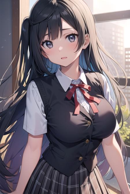 setsunayuuki, <lora:setsunayuuki-lora-nochekaiser:1>, 
setsuna yuuki, (black eyes:1.5), black hair, long hair, one side up, (medium breast:1.2), 
BREAK armband, blue vest, buttons, collared shirt, dress shirt, grey skirt, neck ribbon, nijigasaki academy school uniform, plaid, plaid skirt, pleated skirt, red ribbon, ribbon, school uniform, shirt, short sleeves, skirt, summer uniform, vest, white shirt,
BREAK looking at viewer, 
BREAK indoors, classroom, 
BREAK <lyco:GoodHands-beta2:1>, (masterpiece:1.2), best quality, high resolution, unity 8k wallpaper, (illustration:0.8), (beautiful detailed eyes:1.6), extremely detailed face, perfect lighting, extremely detailed CG, (perfect hands, perfect anatomy),