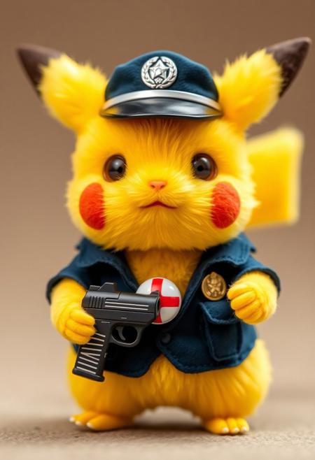 "A baby Pikachu, its fluffy, yellow fur a soft, downy texture, stood proudly in its miniature police officer uniform, its tiny, pink cheeks and button nose a picture of adorable authority. A tiny, pokeball-themed badge, a miniature, spherical shape with a red and white pattern, shone brightly on the Pikachu's chest, adding a touch of official, law-enforcement charm to its adorable form. The Pikachu's paws, delicate and dexterous, grasped a tiny, toy police pistol, its handle wrapped in a miniature, striped pattern, as if it were a tiny, mighty tool for keeping the peace. The Pikachu's eyes, bright and shining, sparkled with determination, as if it were ready to defend justice and protect the innocent. A tiny, police hat, complete with a miniature, silver band and a pokeball-themed emblem, sat atop the Pikachu's head, adding a touch of dignity and authority to its police officer look. The overall effect was one of heartwarming, adorable cuteness, as if the baby Pikachu was a tiny, furry, crime-fighting dynamo, ready to serve and protect with its tiny pistol and pokeball badge."