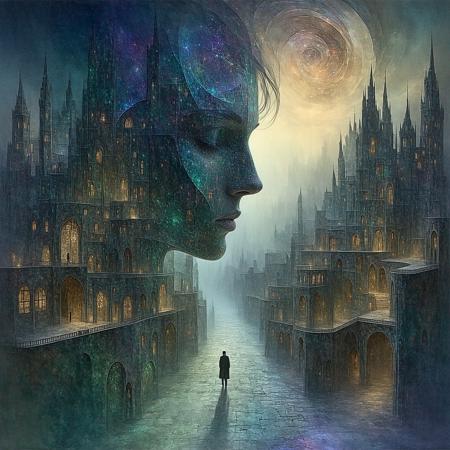 Ephemeral human silhouette, composed of swirling starlight particles and forgotten whispers, gazes not outward, but into a vast, multi-layered cityscape woven from liquid temporal distortions and fractured stained glass. Impossible Escher-esque architecture folds upon itself under localized gravity fields. Style: Surrealism of Remedios Varo meets the intricate biological geometry of Ernst Haeckel, rendered with ethereal, volumetric light shafts. Atmosphere of profound solitude, lucid dreaming logic, quiet cosmic horror. Shimmering chromatic aberrations subtly fringe the scene. Vastly different interpretations encouraged.