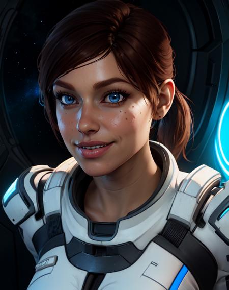 Sara,solo,brown hair,blue eyes,lips, short hair,ponytail, upper body, awkward smile, teeth, 
Ryder, white and blue casual wear, cleavage, space pod, neon lights,
standing, 
(insanely detailed, beautiful detailed face, masterpiece, best quality)
 <lora:SaraRyder-10v6:0.8>