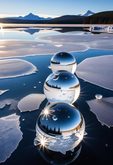 this is formed mercury mirrored spheres embedded in quartz formation in a frozen lake with crystal ice, magnificent abstract modern polarity