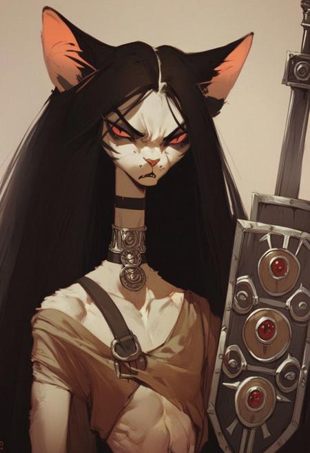 score_9, score_8_up, score_7_up, (cat girls), dystopian future, in a big gladiator arena, anthro, skinny, character portrait, holding a sword and shield, fierce and raging, long hair, choker, oversized clothes, dutch angle, alternate hairstyles, growling