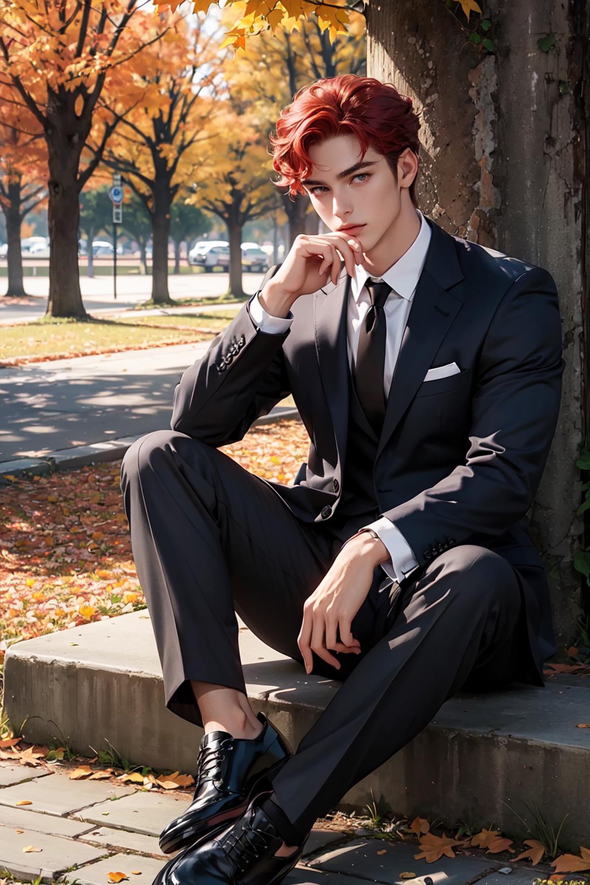 A man in a suit and tie sitting on a step outside.