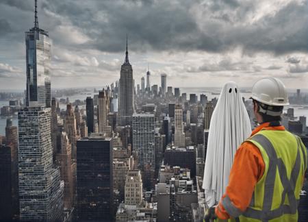 sheetghost person (operating a heavy machinery crane in New York high above the city attached to a skyscraper:1.4) , dangerous height, poorly operating crane above the city, smashing wrecking ball into side of skyscraper. . <lora:SheetGhost SDXL LoRA - Trigger with Sheetghost Person:1>