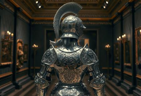 A breathtakingly detailed female suit of armor stands as the centerpiece of a grand museum exhibition. The silver-plated masterpiece shines under carefully curated gallery lighting, its surface adorned with intricate floral engravings and delicate filigree work. The helmet’s elegant plume cascades down the back, suggesting noble lineage, while the articulated breastplate, gauntlets, and greaves showcase masterful Renaissance-era metallurgy.Created as a flagship asset for next-gen game cinematics or museum VR experiences. Currently featured on ArtStation’s trending page for its unparalleled attention to: