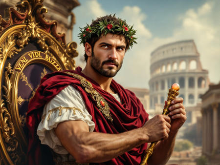 A portrait of Julius Caesar as victorious Roman Emperor on a chariot, laurel crown, title: "Veni, Vidi, Buzzi"