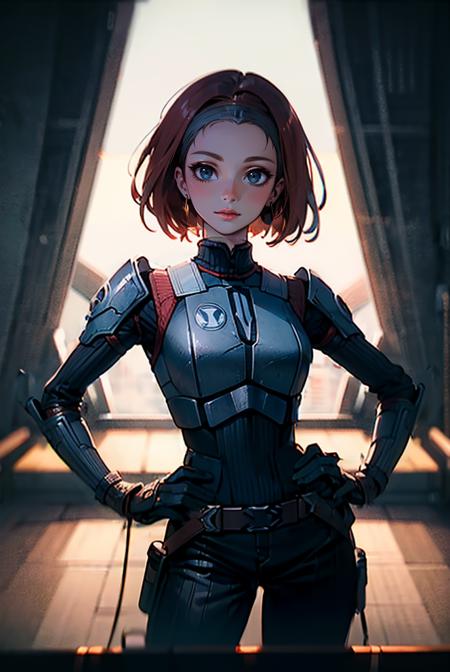 1 woman, bokatan, armor, <lora:ARWbokatan:1>, red hair, full body pose, hanggar space, earth planet, comet, Photorealistic, Hyperrealistic, Hyperdetailed, analog style, hip cocked, demure, low cut, detailed skin, matte skin, soft lighting, subsurface scattering, realistic, heavy shadow, masterpiece, best quality, ultra realistic, 8k, golden ratio, Intricate, High Detail, film photography, soft focus, blurry background