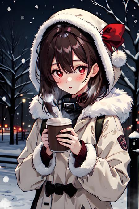 1girl,red eyes, disposable cup, looking at viewer, holding cup, outdoors, snow, long sleeves, bangs, coffee cup, tree, closed mouth, bare tree, hair between eyes, bag, winter, black ribbon, snowing, brown hair, coat,upper body, sidelocks, blush, fur collar,steam,night,movie scene,cinema lighting
