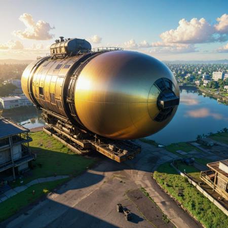 (stylized by Hayao Miyazaki:0.8) and (Kunio Okawara:1.0) and (Masamune Shirow:1.3) , anime key visual, concept art, shot from side of a Burning Stressed New Wave (Airship:1.3) , it is designed by Rockstar games, it is in a Ancient setting, near Refined Mexico, lush space and water, at Sunrise, equirectangular 360, Vivid, Disgusting, Digital Art, Motion blur, Circular polarizer, Single Color, Rule of Thirds, Gradient and Mustard flakes, dslr, UHD